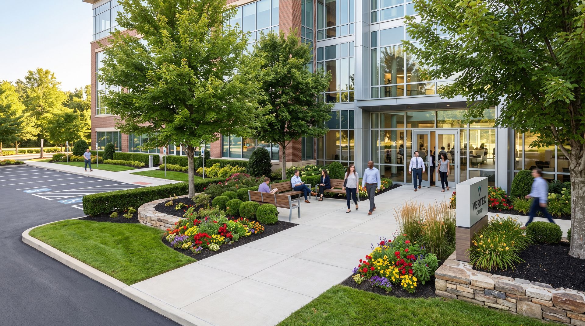 Modern apartment entrance with people, trees, flower beds, and a glass lobby