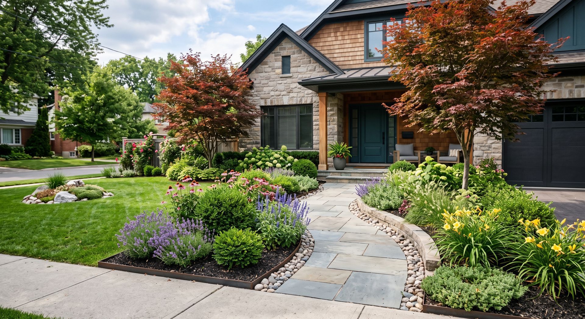 Front garden with a stone walkway, colorful flower beds, and a brick house with a porch