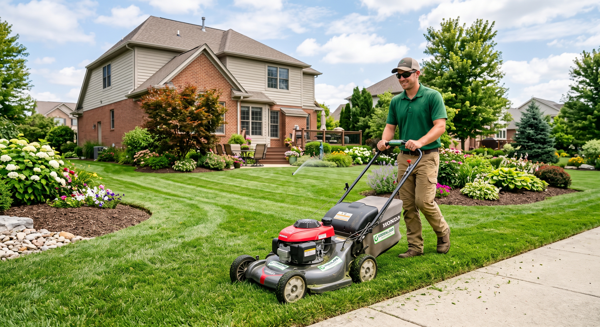Man mowing a lush suburban lawn beside a brick house on a sunny day
