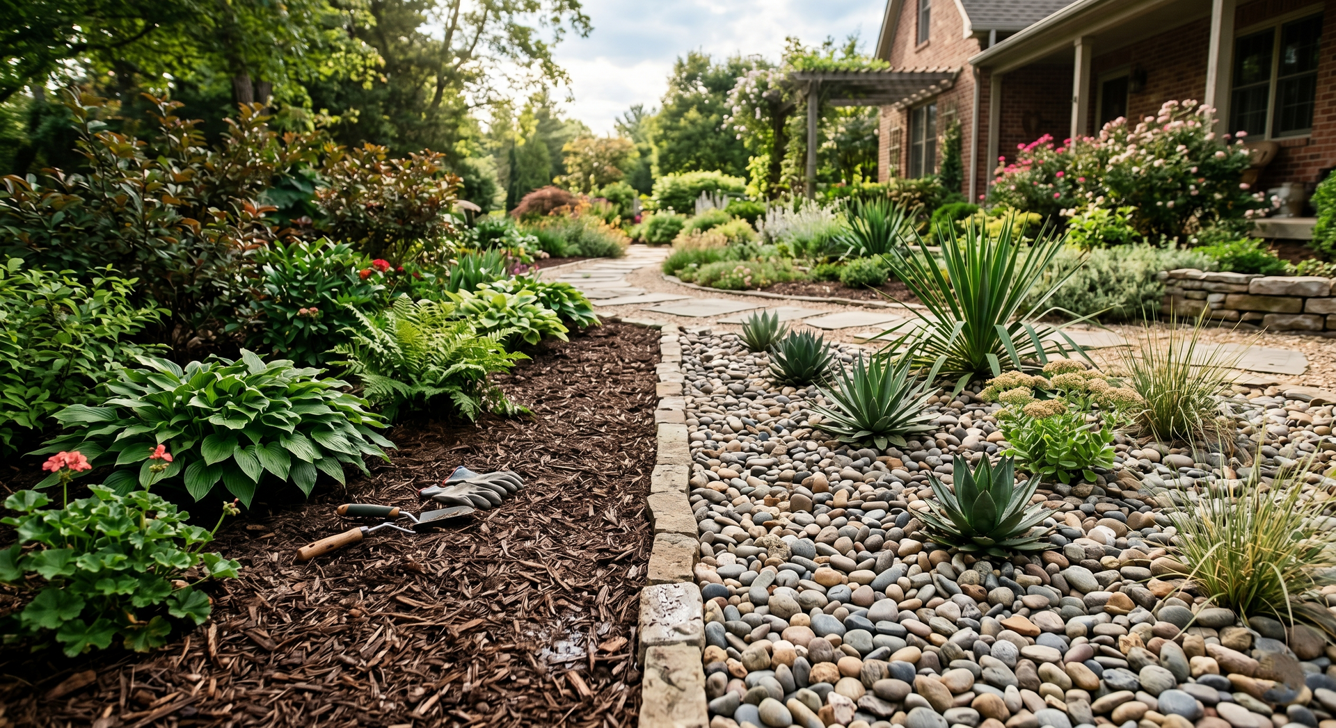 Landscaped garden path with pebbles, mulch, and lush plants beside a house porch