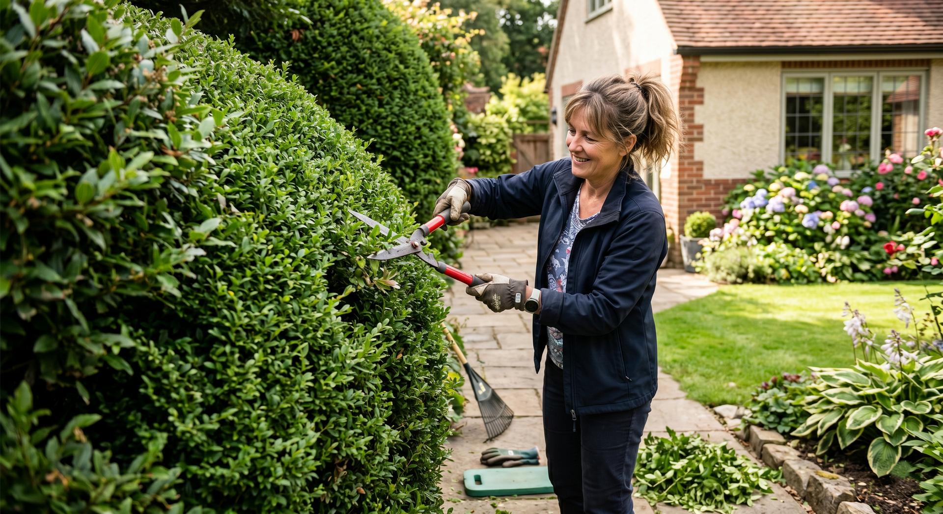 Person trimming a large green hedge in a garden path with hand shears