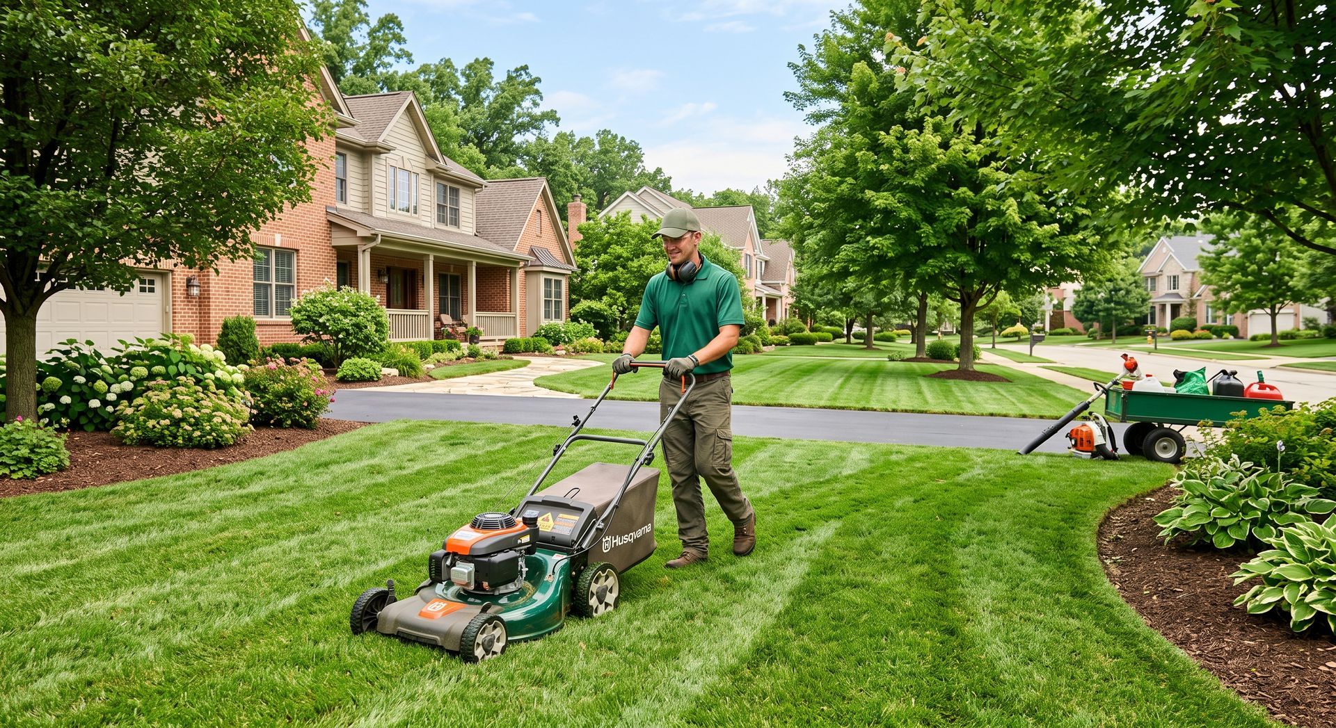 Man in blue shirt using a golf club on a paved path beside a landscaped garden.
