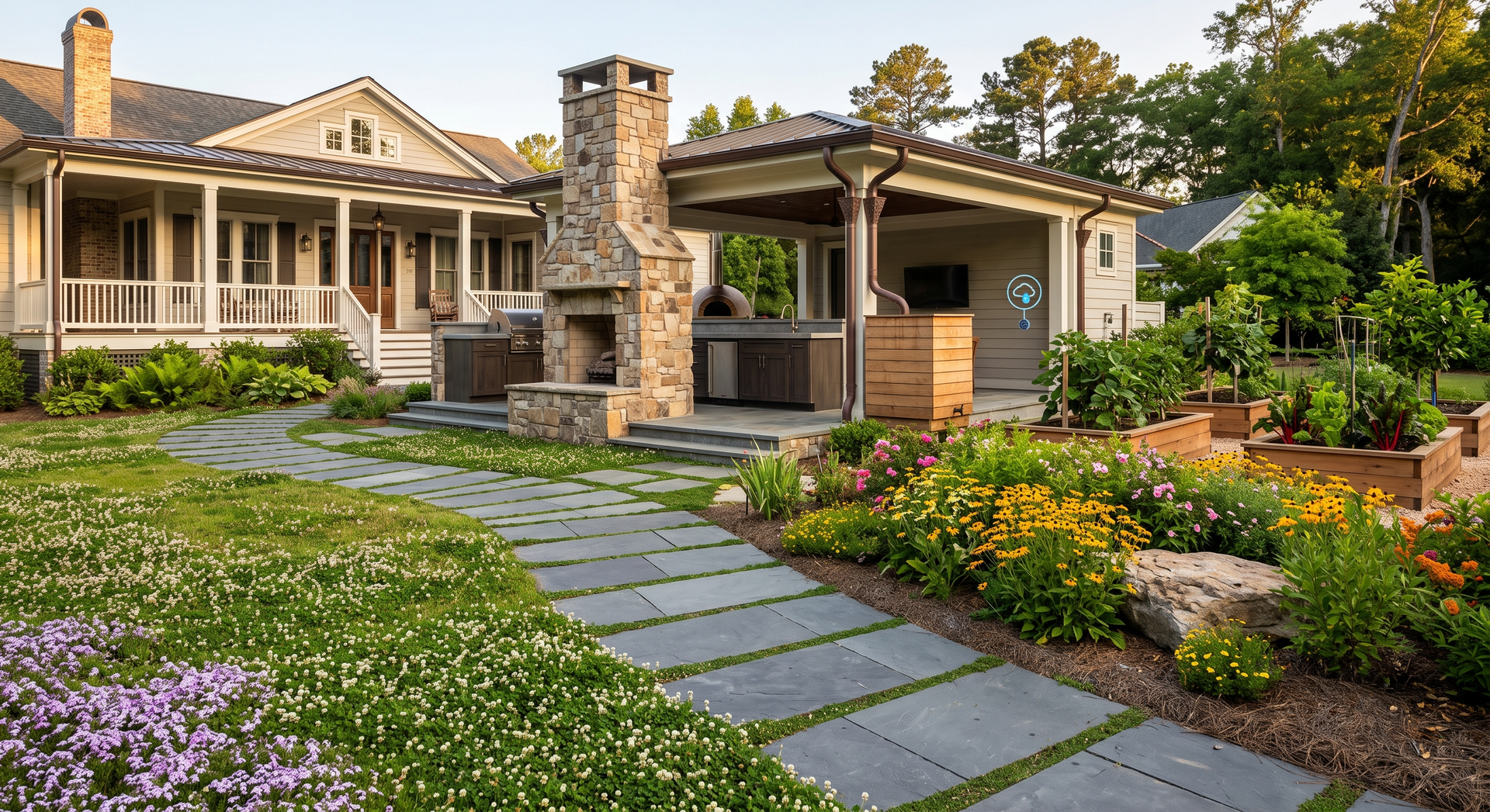 Stone patio and garden walkway beside a beige house with a covered outdoor seating area and lush landscaping