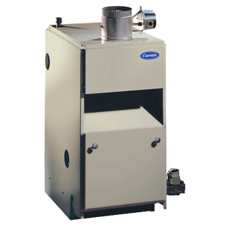 A beige Carrier oil furnace with a vent pipe.