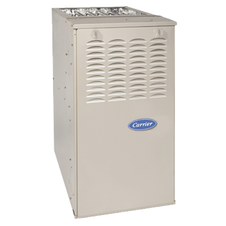 A Carrier furnace in a beige metal cabinet with a blue logo.