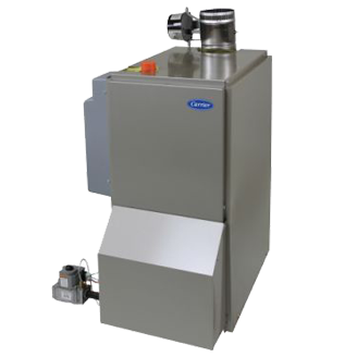 Carrier brand commercial boiler. Stainless steel cabinet with chimney and burner visible.