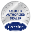 Carrier Factory Authorized Dealer badge with blue and gray circular seal and “Trusted Experts” text