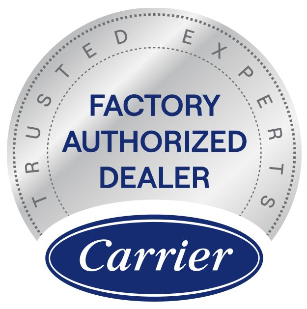Carrier Factory Authorized Dealer badge with blue and gray circular seal and “Trusted Experts” text