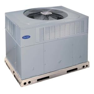 Gray Carrier air conditioning unit with fan on a metal base.