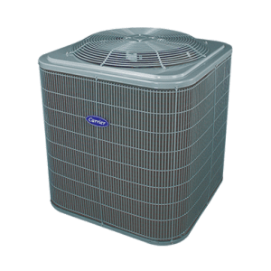 Gray Carrier air conditioning unit outdoors, with a fan on top.