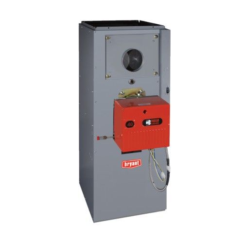 Gray rectangular Bryant oil furnace with a red front panel, blower opening on the front.