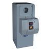 Gray, rectangular furnace with a control panel and round vent.