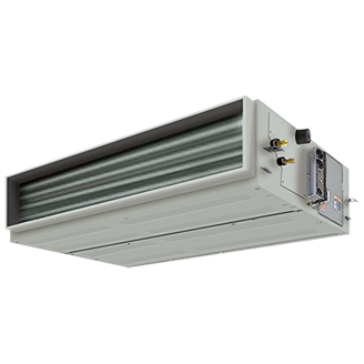 Gray HVAC unit with exposed coils, for ductwork, likely ceiling-mounted.
