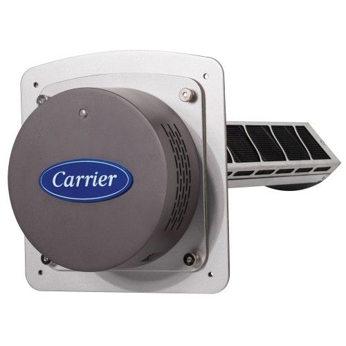 Carrier solar-powered air quality sensor. Gray circular sensor on a square base, attached to a solar panel.