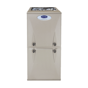 Tan Carrier Infinity furnace with blue logo.