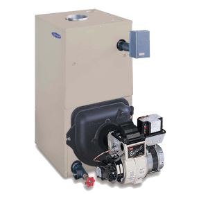Oil furnace, beige metal cabinet with attached burner and controls.