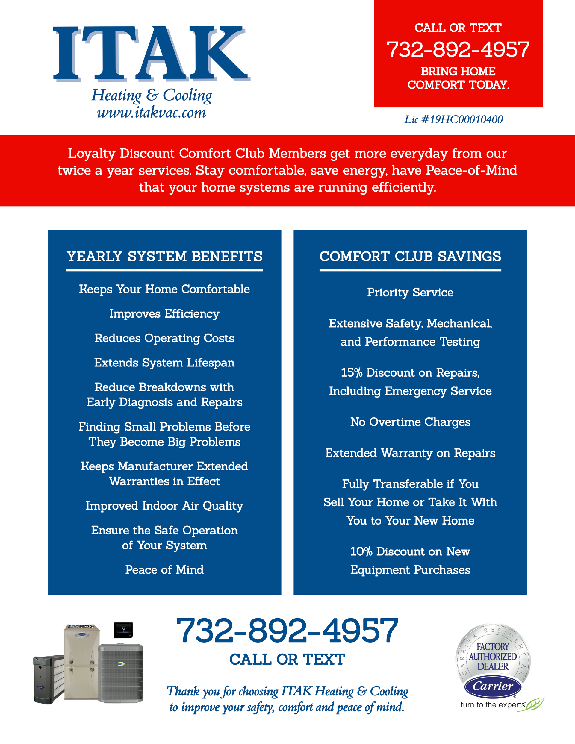 ITAK Heating & Cooling flyer with service lists and prominent 732-892-4957 phone number