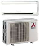 White Mitsubishi ductless mini-split air conditioner unit; interior and exterior components visible.