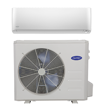 White Carrier ductless mini-split air conditioning system. Indoor unit above outdoor unit.