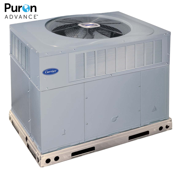 Gray Carrier air conditioning unit with top fan and logo, on a metal base.