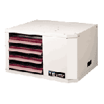 White food dehydrator with stacked trays containing food.