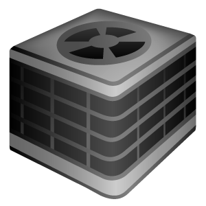 Air conditioning unit, gray, with a fan on top and vented sides.