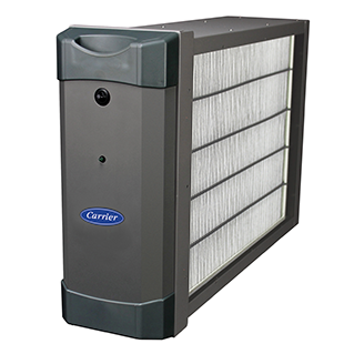 Gray Carrier air purifier with a visible filter.