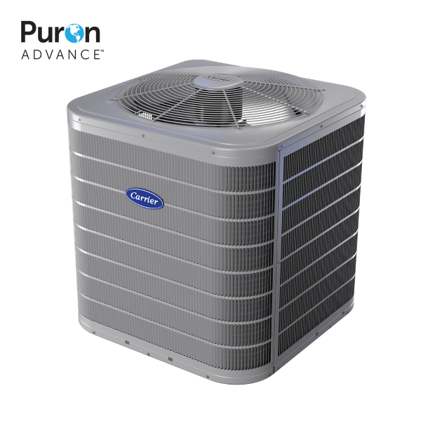 Carrier Puron Advance air conditioner, gray with blue logo, cooling fins, and top fan.