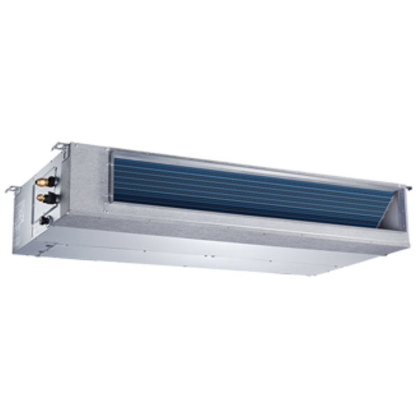 Ductless air conditioner unit with blue cooling coils. Silver metal casing.