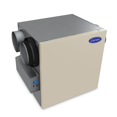 Carrier brand energy recovery ventilator, light tan with two circular ducts and a digital display.