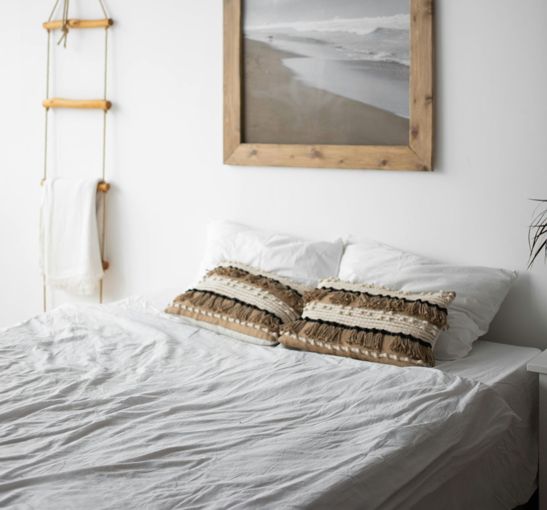 Bedroom scene with a bed, pillows, artwork, and a hanging ladder.