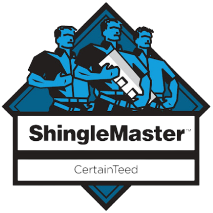 Logo: Three workers holding roofing materials, blue, with "ShingleMaster" and "CertainTeed" text.