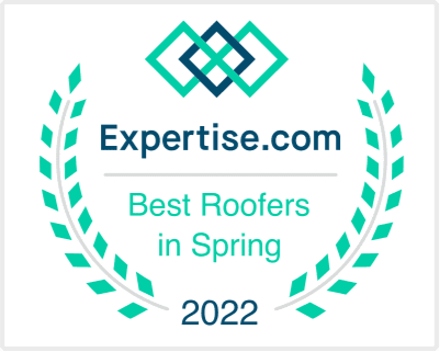 Expertise.com Best Roofers in Spring 2022 award badge. Features teal and dark blue logo, laurel wreath.