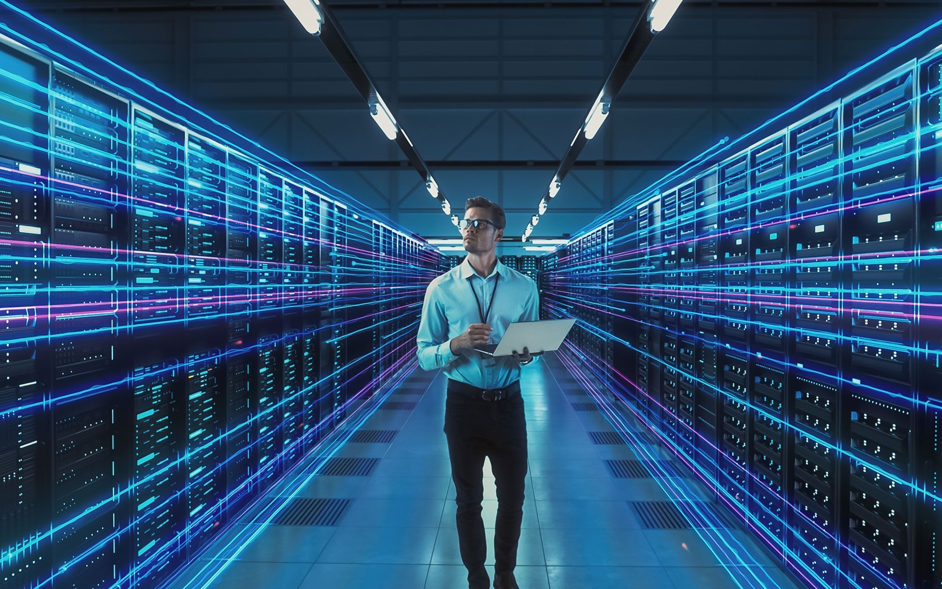 A bunch of cables are connected to a server in a data center.