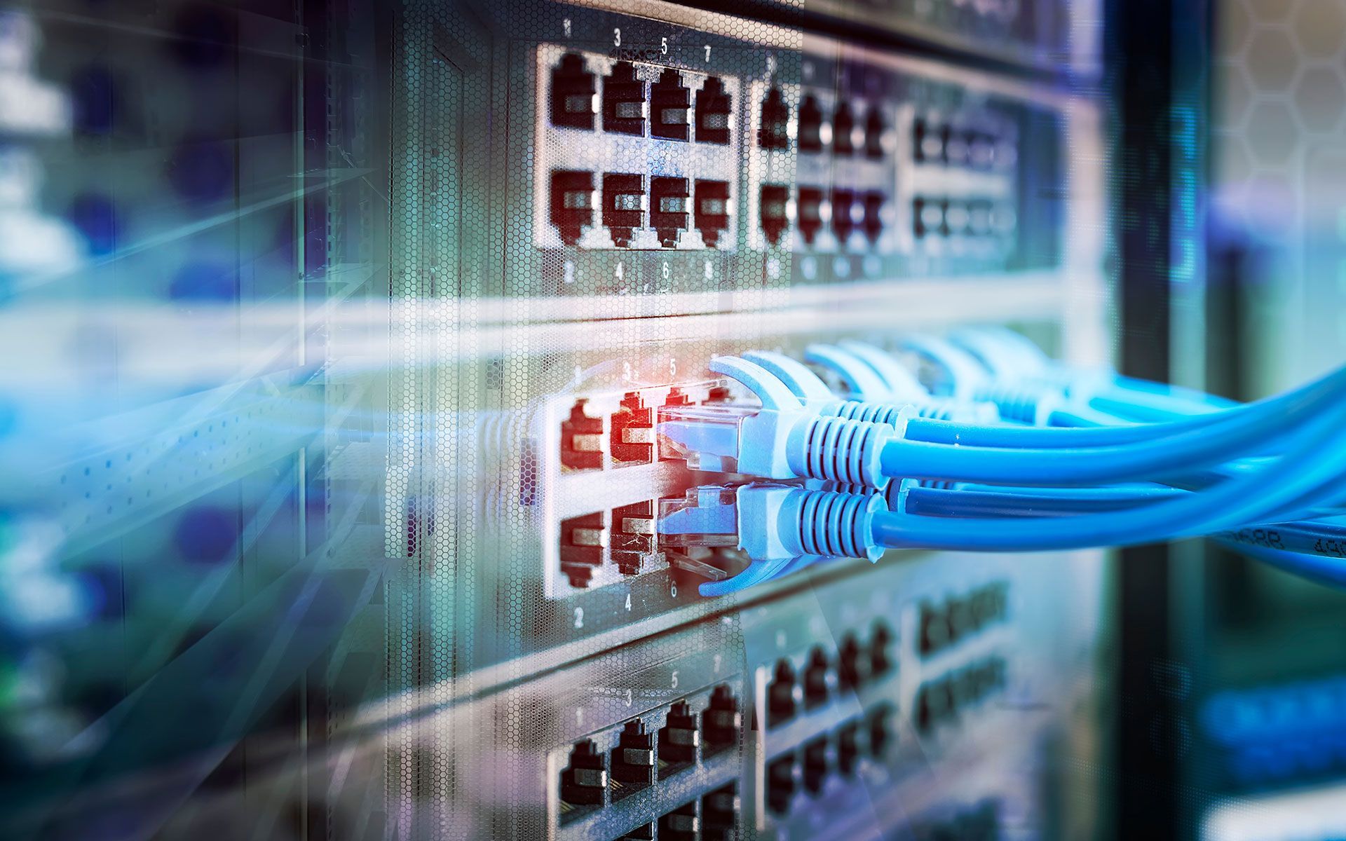 A bunch of cables are connected to a server in a data center.
