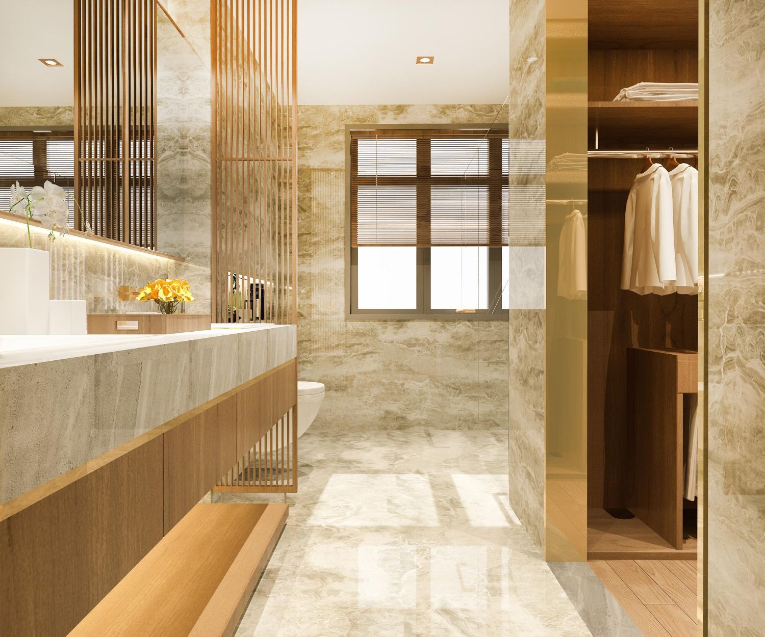 Modern gray marble bathroom with freestanding tub, tall window, and glass shower.