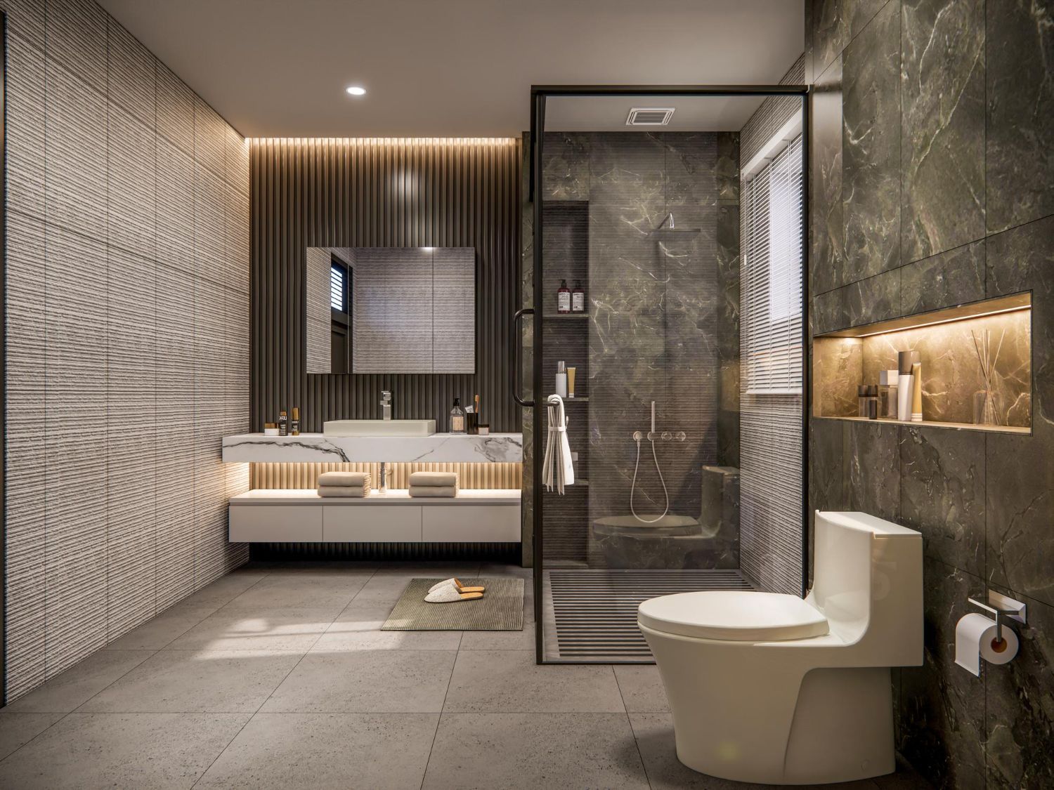 Modern bathroom with stone walls, floating vanity, glass shower, and white toilet.