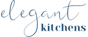 Elegant Kitchens logo in cursive blue and navy text on a white background