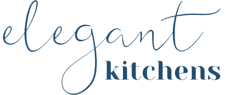 Elegant Kitchens logo in cursive blue and navy text on a white background