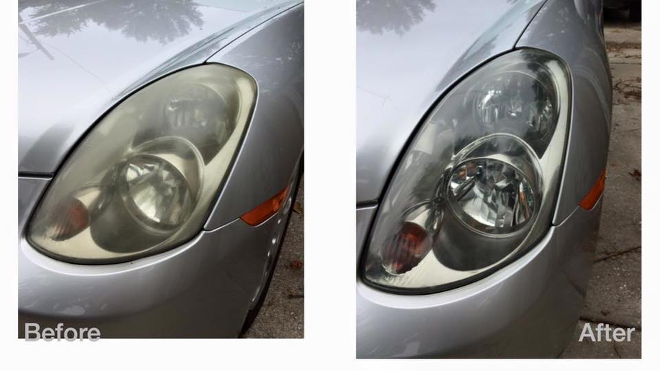 Before-and-after close-up of a silver car headlight, showing cloudy lens restored to clear and shiny.