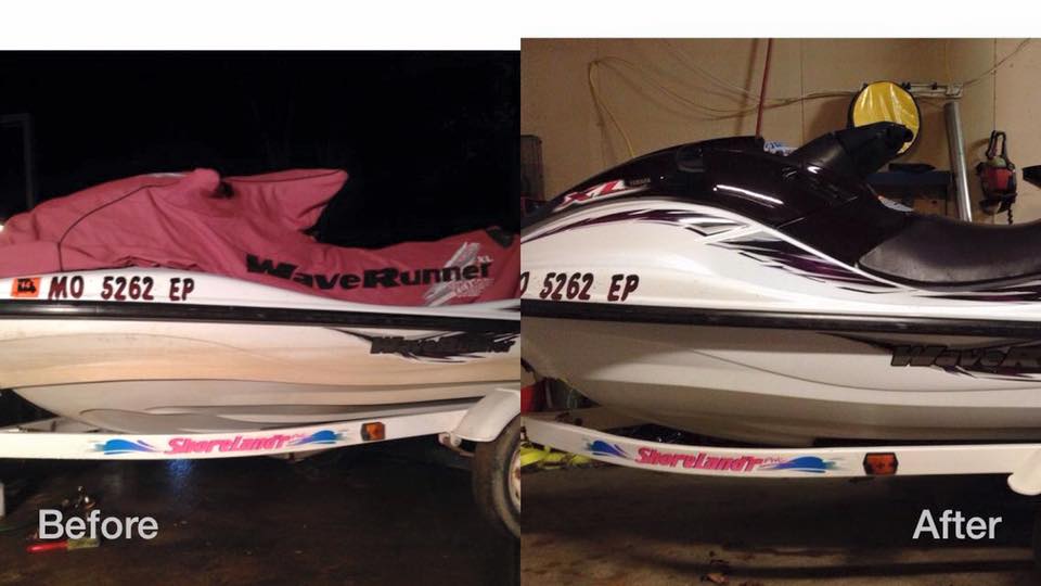 Before-and-after side view of a white and black jet ski with red accents, labeled “Before” and “After.”