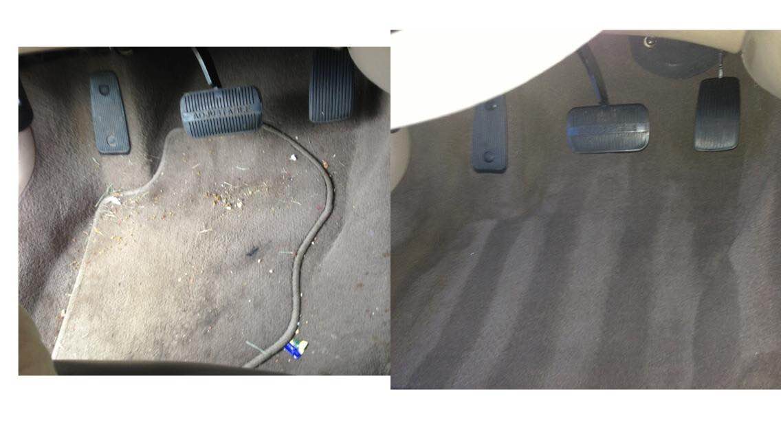 Car floor with pedals and a dirt-tracked mat next to a clean passenger floor mat