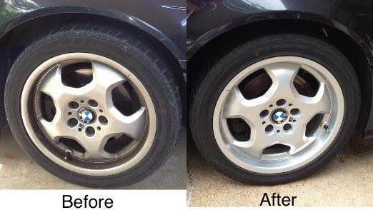 Car wheel close-up labeled Before and After, showing a cleaner silver rim on the right