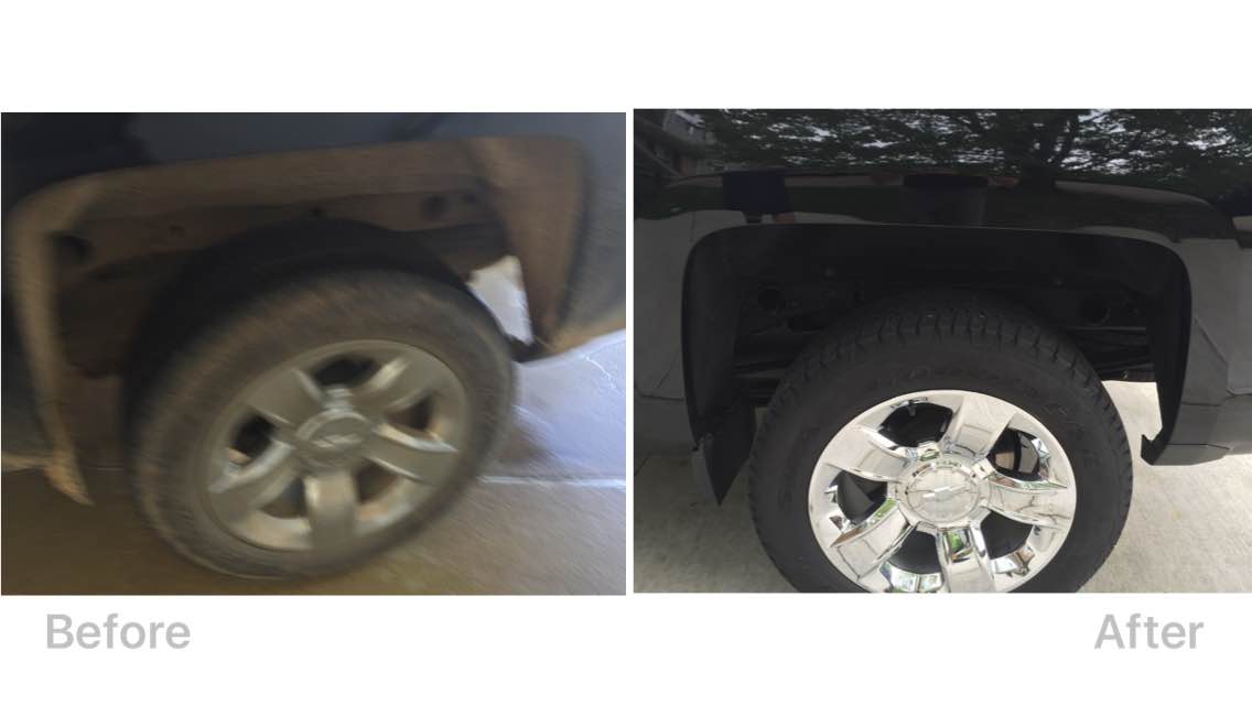 Side-by-side before and after photo of a truck wheel, dirty rim on left and shiny chrome rim on right