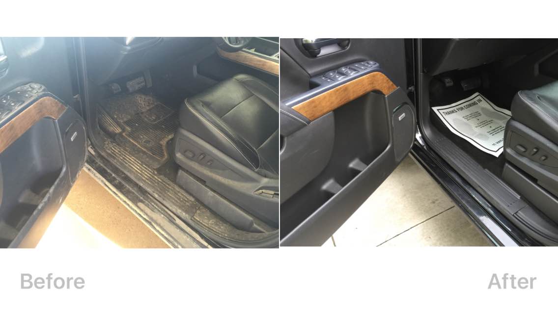 Before-and-after car interior with a cleaned black seat and floor mat on the passenger side