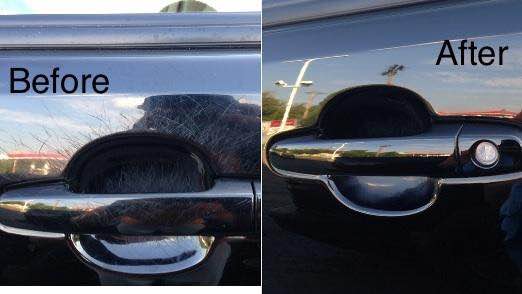 Split before-and-after of a black car door handle: scratched, faded handle on left; restored glossy handle on right