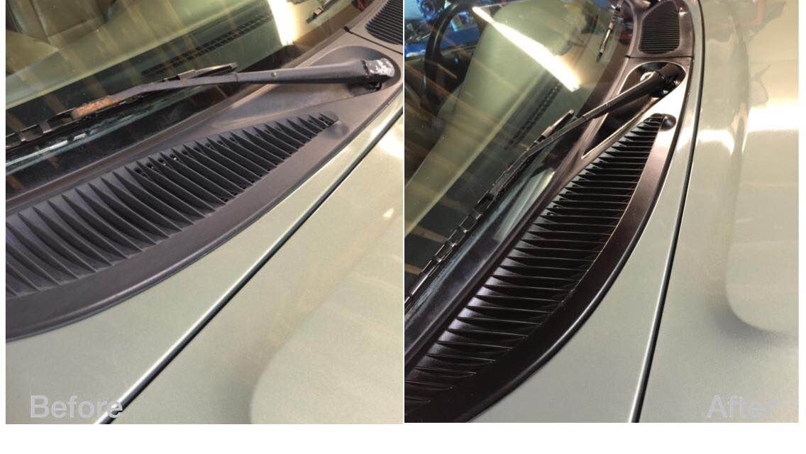 Close-up of a car windshield cowl and wiper area, showing a before-and-after cleaning comparison.