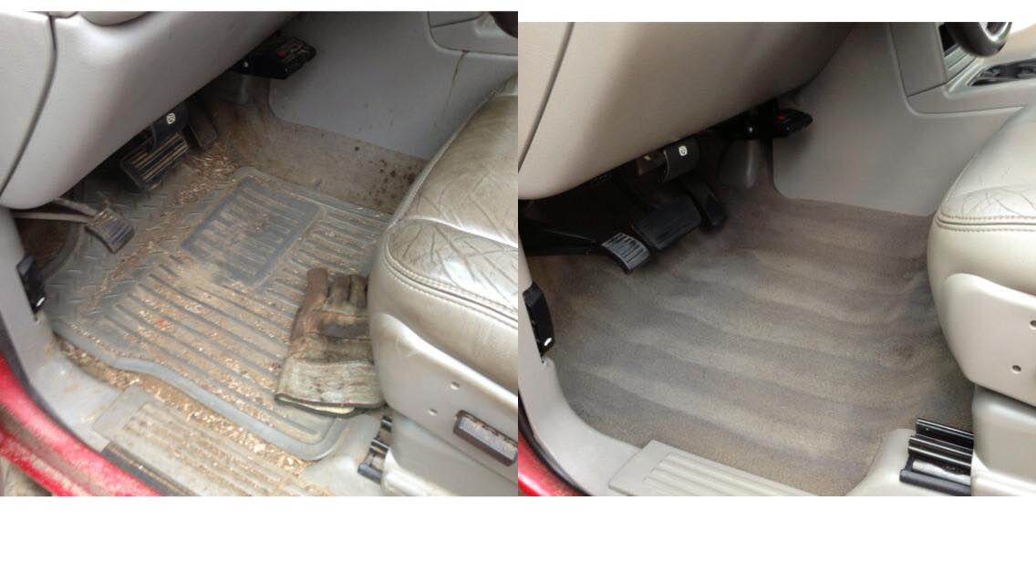 Car interior with beige floor mats, one muddy on the left and clean on the right.