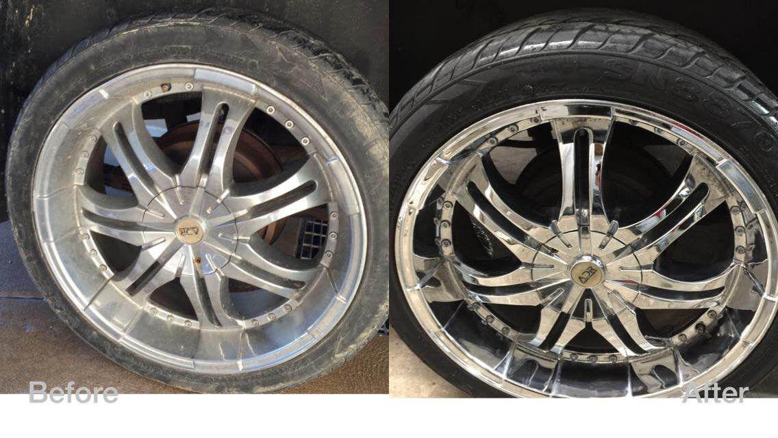 Two car wheels side by side: one clean silver rim, one damaged black rim with peeling finish.