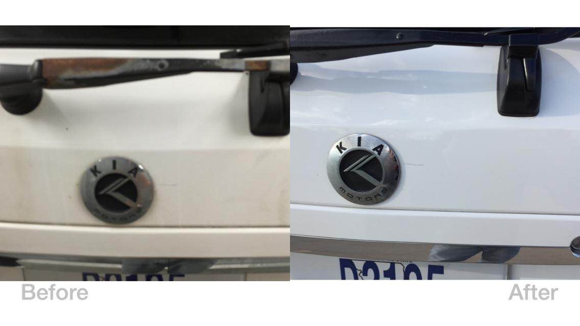 Before-and-after close-up of a white surface with two circular vents and black trim under a windshield.